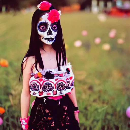 Image similar to detailed and realistic portrait photography of a cute Día de los Muertos girl at dusk by Annie Leibovitz, Agfa Vista 800 film, Leica M9