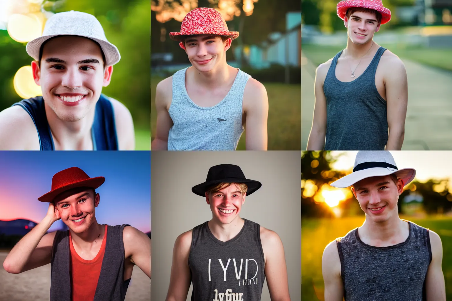 Prompt: portrait of university student with light freckles wearing his fashionable hat and tanktop, he is smirking shyly into the camera for a cover of a gay print magazine, 5 0 mm, f 1. 4, award winning photograph, sunset, soft focus