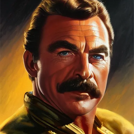 Image similar to ultra realistic portrait painting of tom selleck as captain kirk, art by frank frazetta, 4 k, ultra realistic, highly detailed, epic lighting