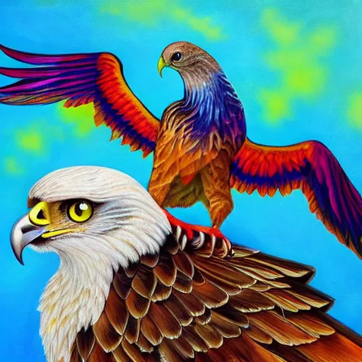 Image similar to hybrid bird with eagle wings and cat head colorful detailed oil painting 4k