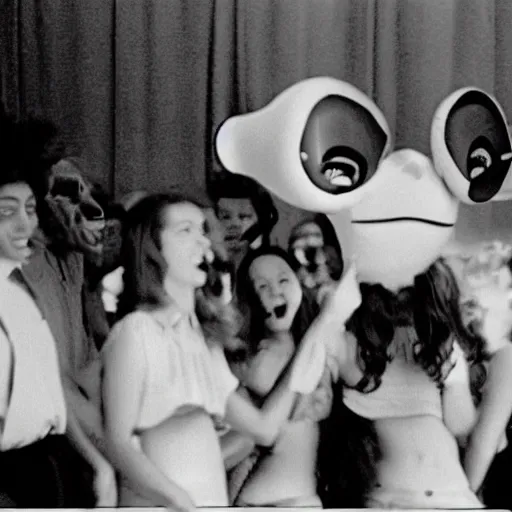 Image similar to live-action film a teenage girl with an inflatable cartoon head at the prom, and other students are laughing at her on the dancefloor, john waters film, 1974, technicolor