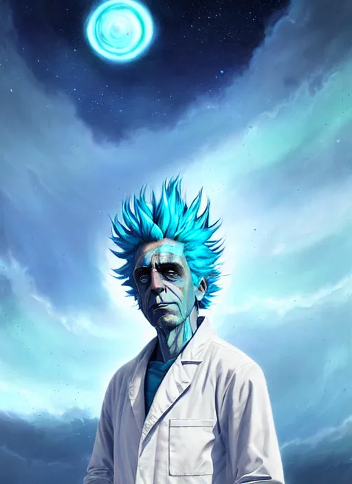 Image similar to rick sanchez portrait wearing a white lab coat with blue hair. highly detailed. psychedelic digital painting. smooth. alien planet background. art by greg rutkowski