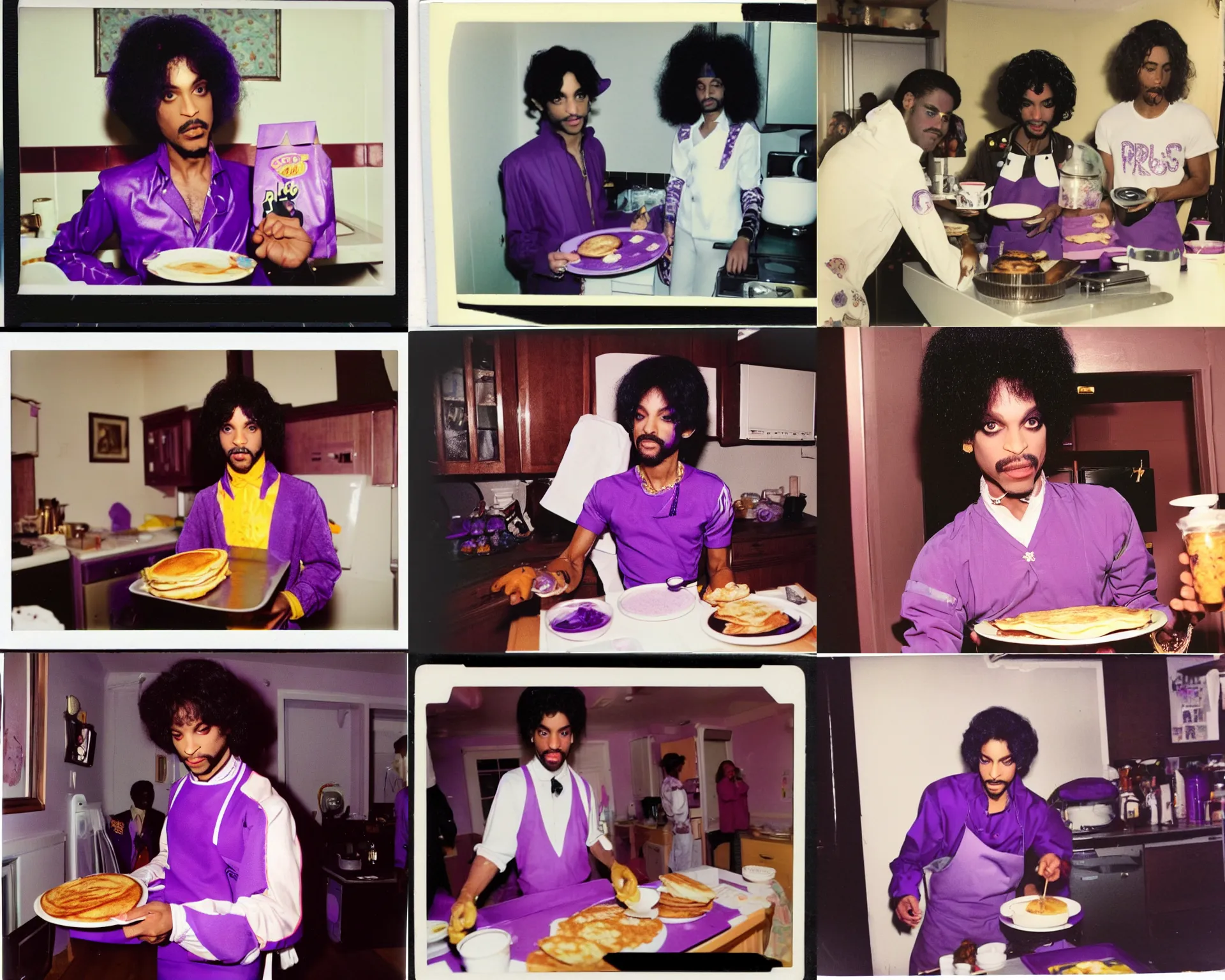 Prompt: close up of prince rogers nelson wearing purple outfit serving pancakes in his kitchen, polaroid