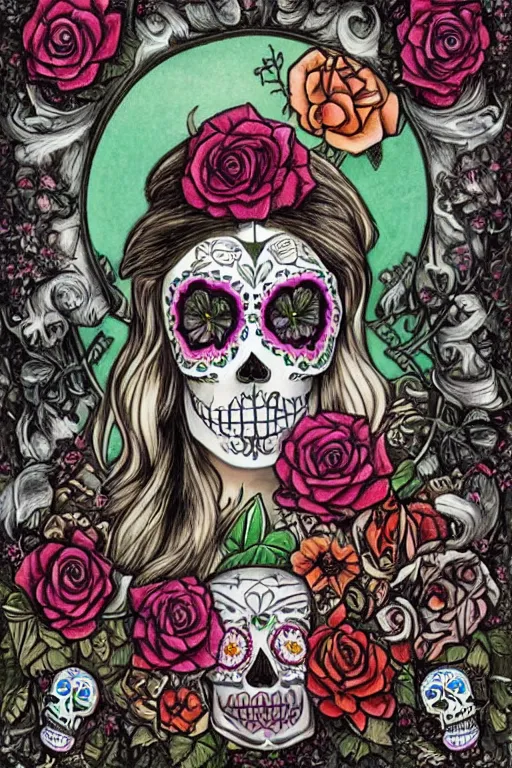 Prompt: illustration of a sugar skull day of the dead girl, art by sophie anderson