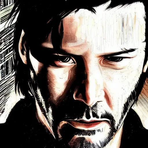 Prompt: keanu reeves a quirky cyberpunk wizzard, dark-hair, intricate, elegant, highly detailed, smooth, sharp focus, detailed face, high contrast, dramatic lighting, graphic novel, art by Ardian Syaf and Michael Choi