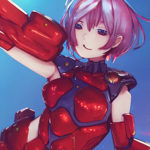 Prompt: digital anime art, wlop, rossdraws, sakimimichan, > > very small cute girl < < standing on a large wooden table, red mech arms + red mech legs,