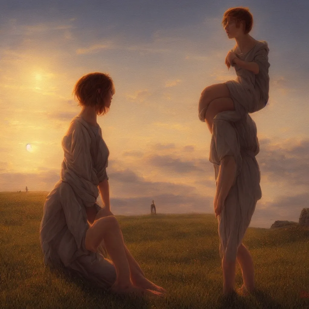 Image similar to android girl sitting under the sunset by caspar david friedrich, hyperrealistic, clean, pure, elegant, highly detailed, digital painting, artstation, concept art, smooth, sharp focus, illustration,