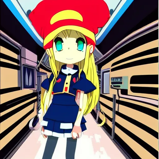 Image similar to anime girl with very large beret, cel - shading, 2 0 0 1 anime, flcl, jet set radio future, golden hour, underground facility, underground tunnel, pipes, rollerbladers, rollerskaters, cel - shaded, jsrf, strong shadows, vivid hues, y 2 k aesthetic