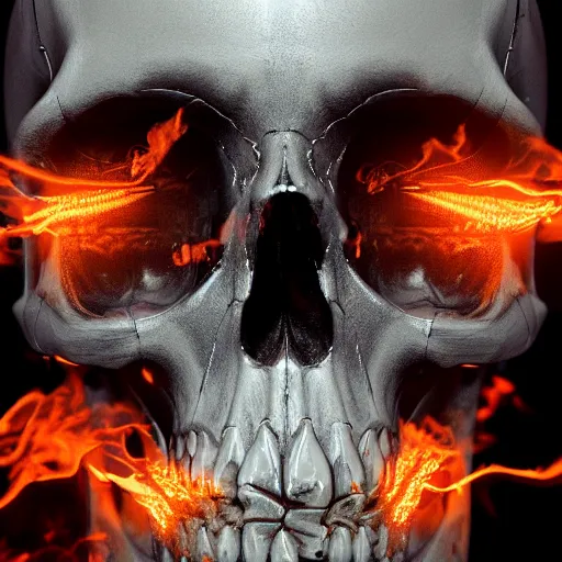 Image similar to a highly detailed human skull with intricate designs on fire in front of a neon blue background, 3 d, fire through eyes, octane render, symmetrical, hyper realism, highly detailed, digital art, artstation, concept art, cinematic lighting, strong bokeh, trending