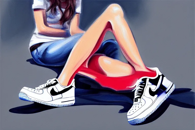 Image similar to a ultradetailed painting of a stylish woman laying on the ground, she is wearing nike air force 1 sneakers, trending on artstation