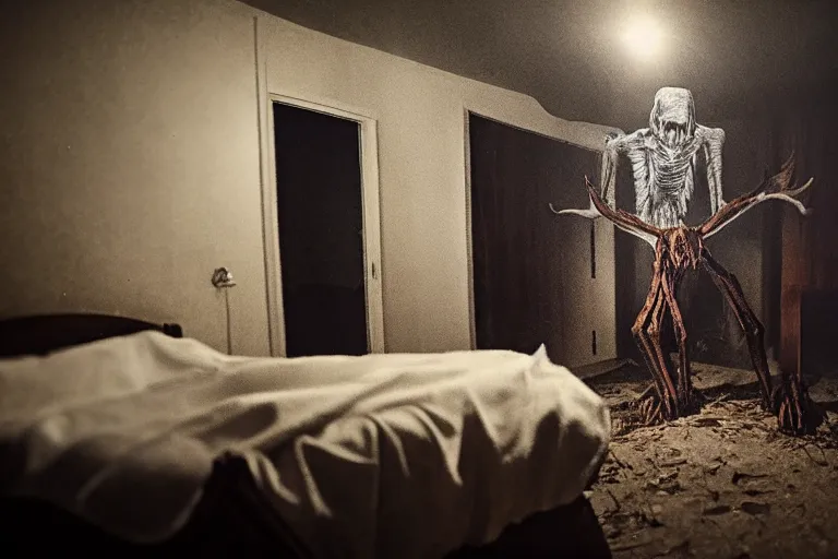 Image similar to photo of a wendigo in a bedroom, at night
