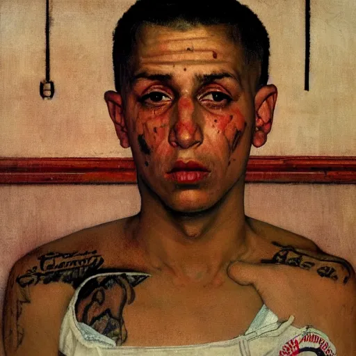 Image similar to A Frontal portrait of an MS-13 gang member as a prisoner awaiting sentancing. A painting by Norman Rockwell.