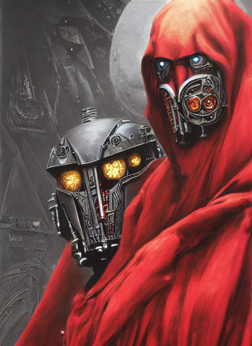 Prompt: portrait of adeptus mechanicus in red hood and robe from Warhammer 40000. Highly detailed, artstation, illustration by and John Blanche and zdislav beksinski and wayne barlowe