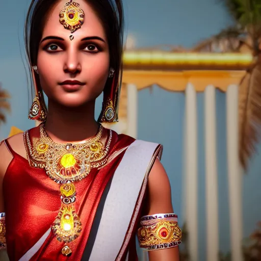 Prompt: a beautiful indian athletic slim female has a halo floating over her head like she was a holy person, the halo was made by a jeweler with gold with intricate details, unreal engine 5