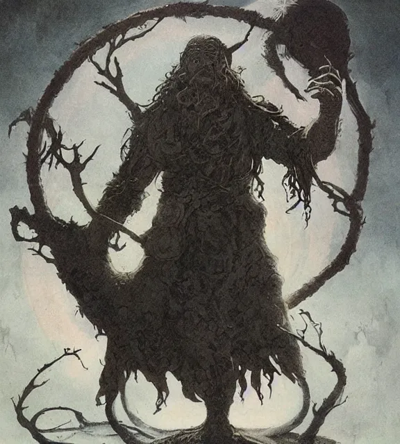 Image similar to a druid standing in a circle at the beginning of the world by alan lee and peter mohrbacher and frank frazetta and mike mignola