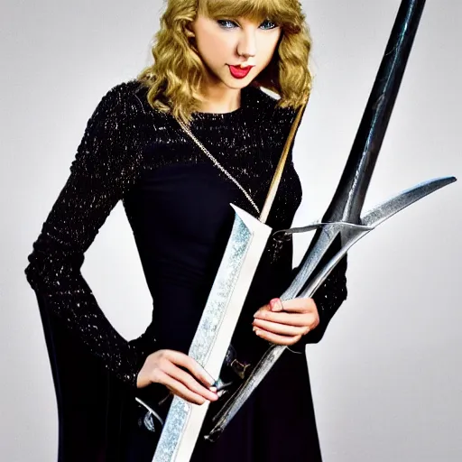 Image similar to taylor swift posing holding excalibur sword, high quality studio photograph