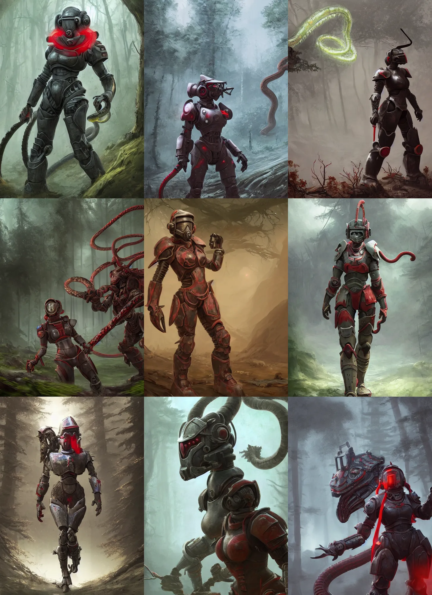 Prompt: a matte painting of a helmeted female warrior wearing battle worn power armor with a red scarf billowing behind her fighting a monstrous snake creature in the forest plains of north yorkshire, good value control, concept art, digital painting, sharp focus, fight scene, Anthem game, power armor, knight, symmetrical, single character full body, 4k, illustration, glowing eyes, rule of thirds, centered, moody colors, moody lighting,