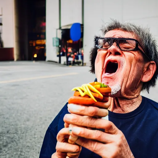 Prompt: portrait of an elderly man with a mullet haircut screaming at a hotdog, 🌭, canon eos r 3, f / 1. 4, iso 2 0 0, 1 / 1 6 0 s, 8 k, raw, unedited, symmetrical balance, wide angle