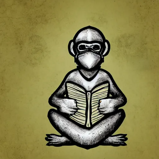 Image similar to a single Monkey reading a book, wearing a gas mask, graffiti, edge to edge, solid color background intricate, highly detailed, smooth, sharp focus, detailed face and body, high contrast