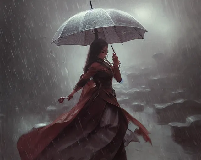 Prompt: umbrella, heavy rain, wind, thunder, reflections, deep focus, d & d, fantasy, intricate, elegant, highly detailed, digital painting, artstation, concept art, matte, sharp focus, illustration, hearthstone, art by artgerm and greg rutkowski and alphonse mucha