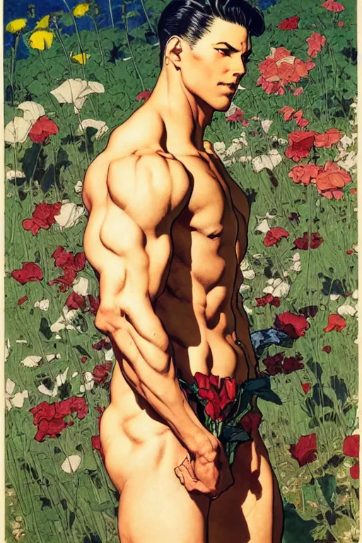 Image similar to attractive man in flower field, muscular, painting by j. c. leyendecker, yoji shinkawa, katayama bokuyo