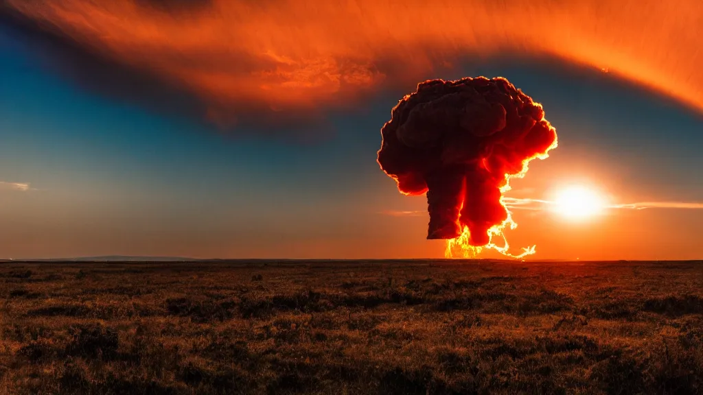 Prompt: movie still of a nuclear explosion, sunset, golden hour, dramatic