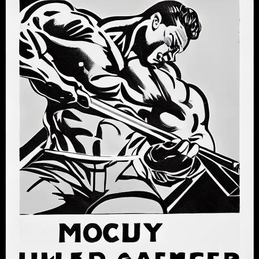 Image similar to propaganda poster of an incredibly muscular man with a sledgehammer cuddling with a machine robot, sketch, monochrome, bela uitz