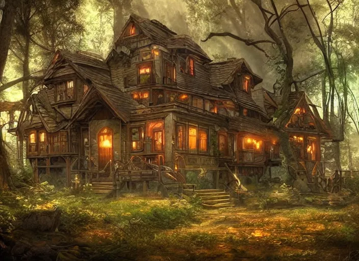 Prompt: house in a clearing in the middle of the forest, beautifully lit, steampunk, magic the gathering