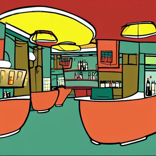 Prompt: an illustration of a bar/lounge, mid century modern cartoon style