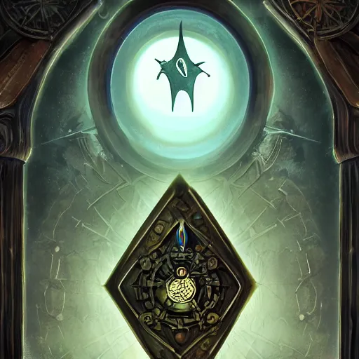 Prompt: Arcane Tarot, Fantasy, 2d Digital Art, steampunk, symmetrical centered, high quality 3D render, concept art, 4K, UHD, High quality mechanical, Badge, glow in the dark, ethereal, the void, ominous background, very detailed, stylized, trending on artstation