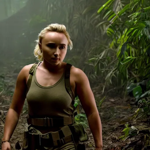 Prompt: cinematic scene with hayden panettiere as a commando in the jungle joining the ballte, action scene, dramatic, small details, volumetric lighting, ground mist, smoke, still frame