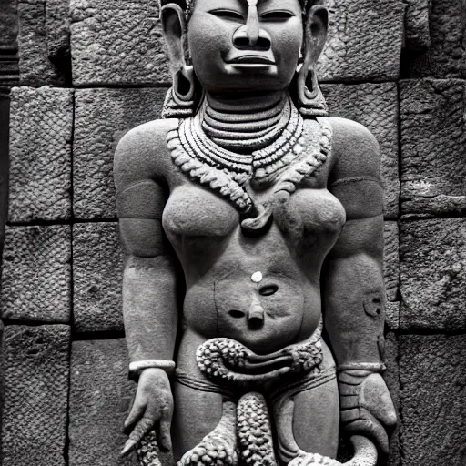 Image similar to angkor thon, asuras yaksha giant, holding a snake, full body, photorealistic, photography hight quality, sharp, stones, award winning photography, canon, thierry rouzier