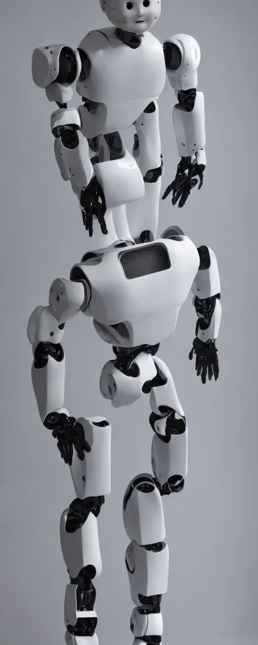 Image similar to standing in front of a white background is a highly realistic and detailed humanoid robot in human body form