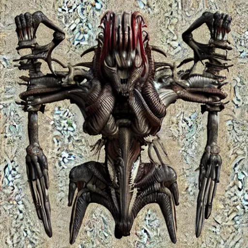 Image similar to 3d render of a xenomorphic old coat of arms with bones, nerves and veins