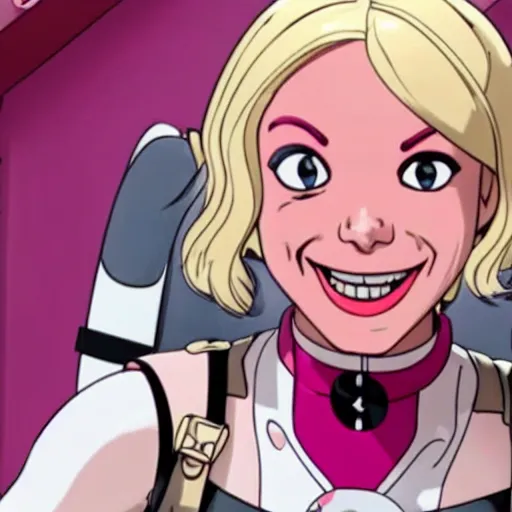 Image similar to A still of Gwenpool in Deadpool 3 (2023), blonde hair with pink highlights, no mask, white and light-pink outfit, smiling and winking at the camera