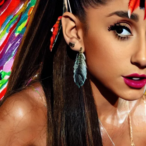 Prompt: ariana grande as a native american with The Predator behind her, colour, photography, realistic,