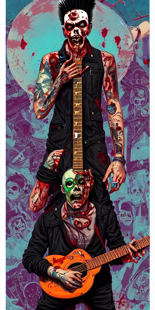 Image similar to a zombie punk rocker with a mohawk holding an acoustic guitar, tristan eaton, victo ngai, artgerm, rhads, ross draws