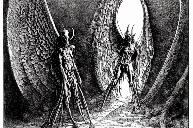 Prompt: fallen angel begs to enter the gates of hell by philippe druillet and gustave dore and les edwards and much a and moebius and hieronymus bosch