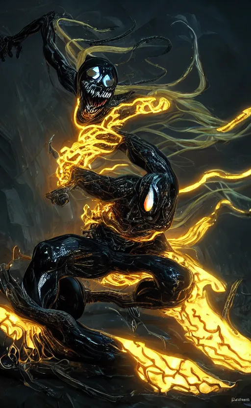 Image similar to venom as ghost rider, dynamic lighting, photorealistic fantasy concept art, trending on art station, stunning visuals, terrifying, creative, cinematic