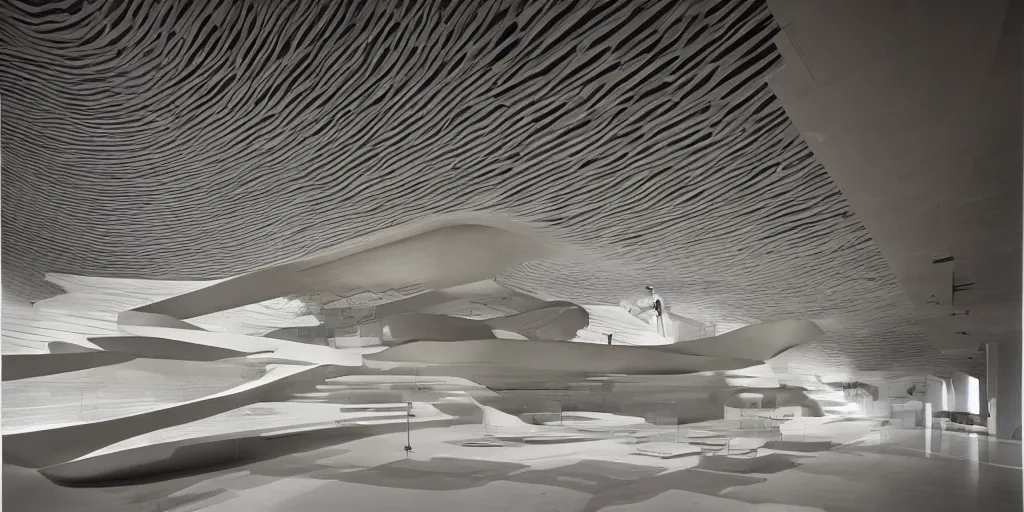 Prompt: stunning beautiful museum 3D section by Paul Rudolph and Zaha Hadid