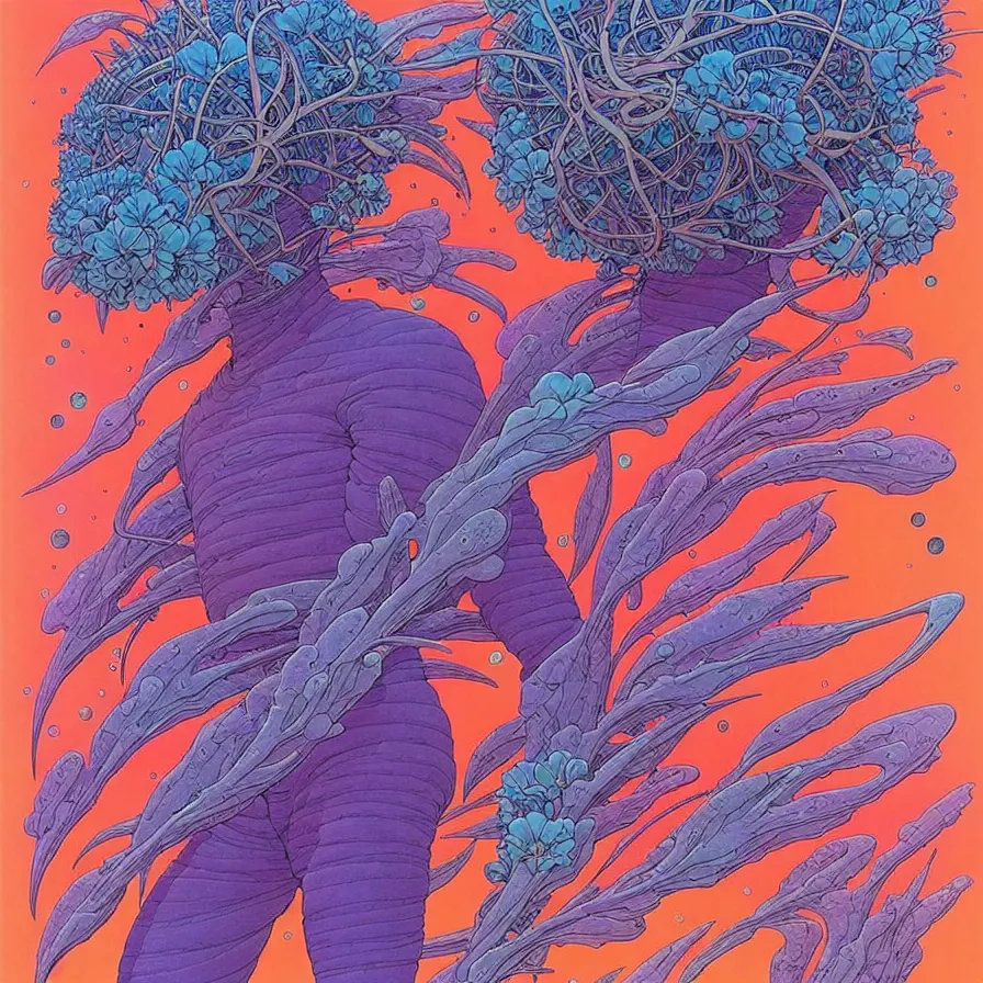 Image similar to ( ( ( ( beautiful flowers in a strange planet ) ) ) ) by mœbius!!!!!!!!!!!!!!!!!!!!!!!!!!!, overdetailed art, colorful, artistic record jacket design