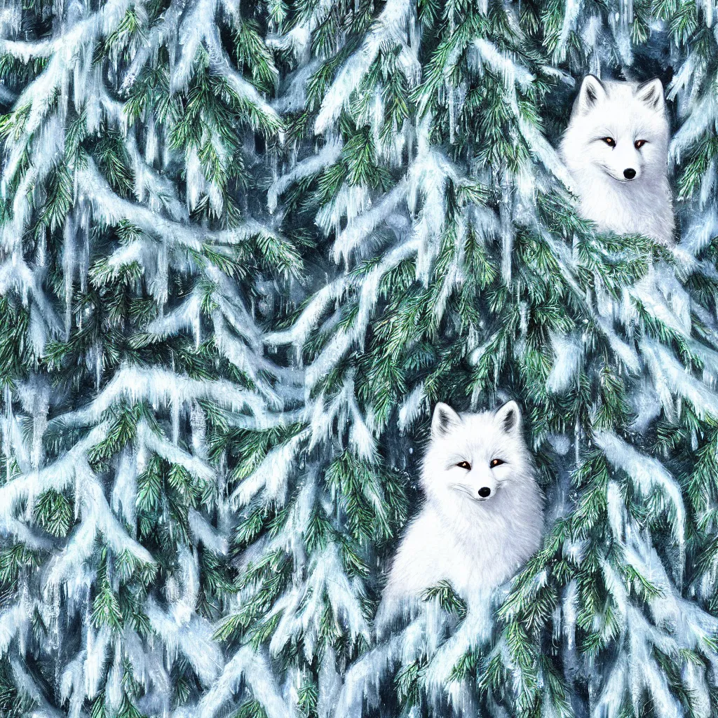 Prompt: beautiful single close up cute fluffy white fox in forest of christmas trees with icicles dripping from branches magical realism detailed painting 4K