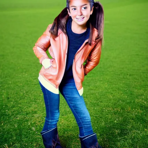 Prompt: a young spanish girl plays on a great green meadow, she wears a jacket, jeans and boots, she has two ponytails, photo taken by a nikon, highly detailed, sharp focus