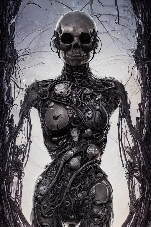 Prompt: a girl in a closed helmet-skull in a alive biopunk dress consisting of swollen muscles, tendons, bones joints, protruding pistons. masterpiece 4k digital design by Ayami Kojima, award winning, Artstation, Ayami Kojima aesthetic, Neo-Gothic, gothic, forest on background, intricate details, realistic, hyperdetailed, 8k resolution