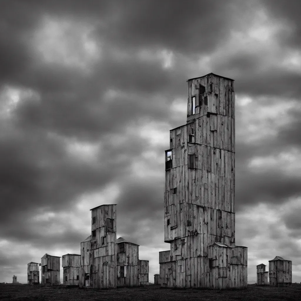 Prompt: many high towers, made up of makeshift squatter shacks with bleached colours, dystopia, hasselblad x 1 d, moody sky at the back, fully frontal view, very detailed, ultra sharp, photographed by michael kenna