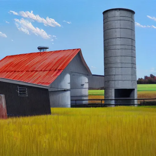 Prompt: exterior view of modern futuristic farm barn architecture, silo, feed troughs, cows, pigs, chickens, detailed luminescent oil painting 4 k