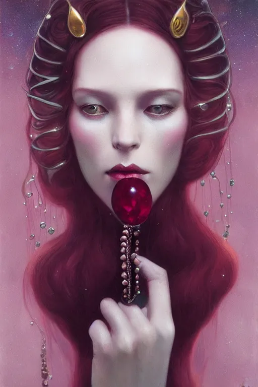 Prompt: Crown with iridescent pearls, ruby jewels, other worldly, art nouveau, by Anato Finnstark, Tom Bagshaw, Brom