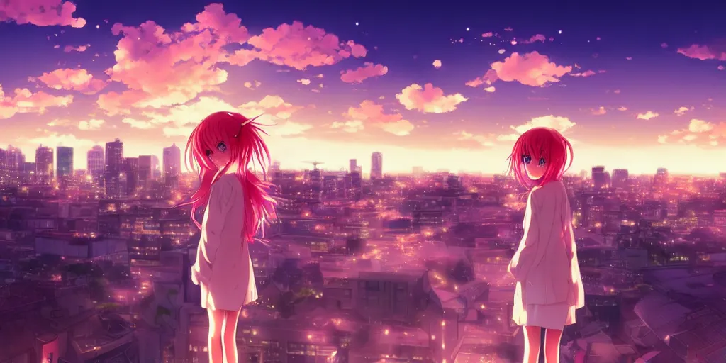 Image similar to anime art, anime key visual of a cute elegant anime girl with pink hair and big eyes, city rooftop at sunset with clouds, golden hour sunset, background blur bokeh!, beautiful lighting, high quality illustration, studio ghibli