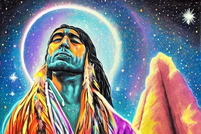 Image similar to digital art of a spiritual native american man looking up at the stars, acrylic art, universe, painting, pastel colors, synthwave, retro, cyberpunk,