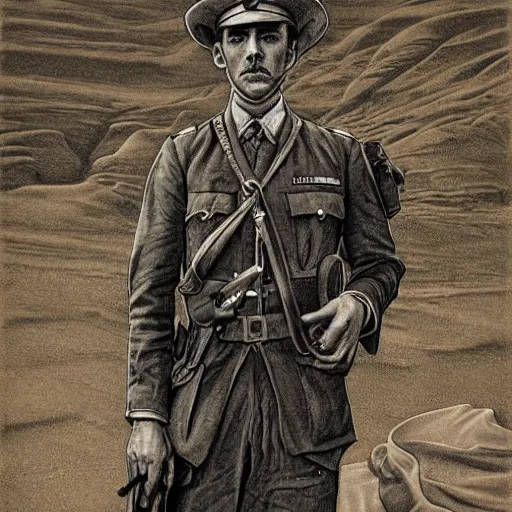 Image similar to a detailed photorealistic sepia - toned color line drawing of a 1 9 1 7 worried clean - shaven british lieutenant in detailed field gear not wearing a hat in wadi rum, ultra realistic, painted, intricate details, lovecraft, atmospheric, dark, horror, brooding, highly detailed, by clyde caldwell